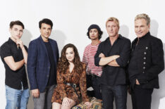 The cast of Cobra Kai at Comic-Con 2019 - Tanner Buchanan, Ralph Macchio, Mary Mouser, Xolo Maridueña, William Zabka, and Martin Kove