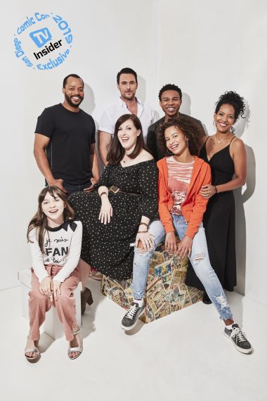 The cast of Emergence at Comic-Con 2019 - Donald Faison, Owain Yeoman, Robert Bailey Jr., Zabryna Guevara, Allison Tolman, Ashley Aufderheide and Alexa Swinton