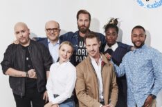 The cast of Hulu's Veronica Mars at Comic-Con 2019 - Francis Capra, Enrico Colantoni, Ryan Hansen, Kirby Howell-Baptiste, Percy Daggs III, Kristen Bell, and Jason Dohring
