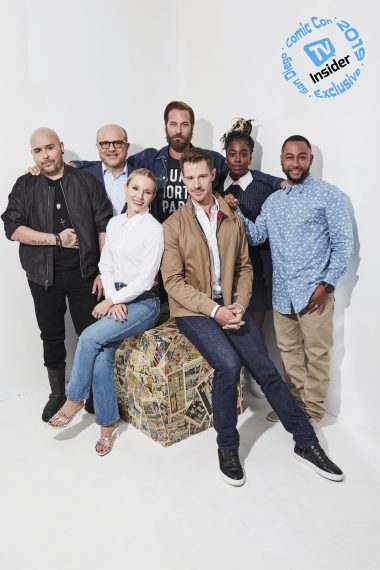 The cast of Hulu's Veronica Mars at Comic-Con 2019 - Francis Capra, Enrico Colantoni, Ryan Hansen, Kirby Howell-Baptiste, Percy Daggs III, Kristen Bell, and Jason Dohring