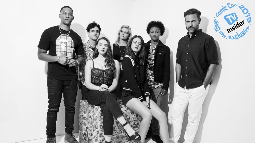 The cast of Legacies at Comic-Con 2019: Peyton Alex Smith, Aria Shahghasemi, Jenny Boyd, Quincy Fouse, Matt Davis, Danielle Rose Russell and Kaylee Bryant