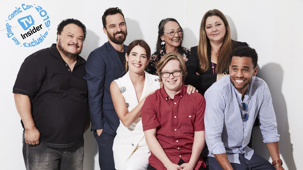 The cast of Stumptown: Adrian Martinez, Jake Johnson, Tantoo Cardinal, Camryn Manheim, Cobie Smulders, Cole Sibus and Michael Ealy at Comic-Con 2019