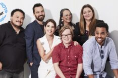 The cast of Stumptown: Adrian Martinez, Jake Johnson, Tantoo Cardinal, Camryn Manheim, Cobie Smulders, Cole Sibus and Michael Ealy at Comic-Con 2019