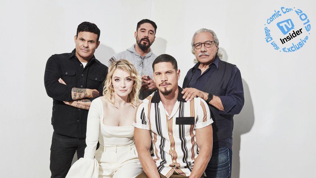 The cast of Mayans M.C. - Elgin James, Clayton Cardenas, Edward James Olmos, J.D. Pardo, Sarah Bolger