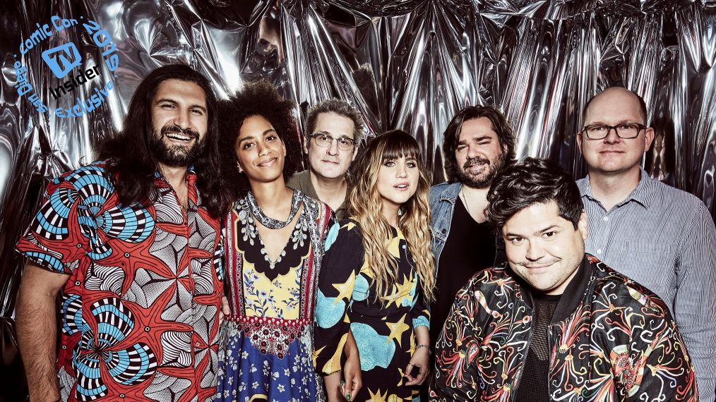 Kayvan Novak, Stefani Robinson, Paul Simms, Natasia Demetriou, Matt Berry, Harvey Guillen and Mark Proksch of What We Do in the Shadows at Comic Con 2019
