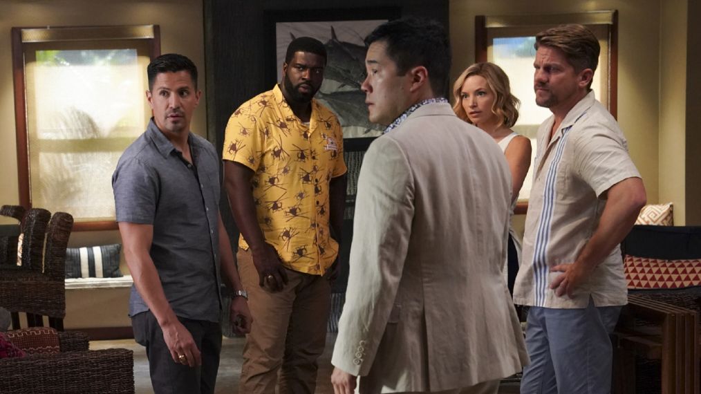 Jay Hernandez as Thomas Magnum, Stephen Hill as Theodore 'TC' Calvin, Tim Kang as Det. Gordon Katsumoto, Perdita Weeks as Juliet Higgins, and Zachary Knighton as Orville 'Rick' Wright in Magnum P.I. - 'Payback is for Beginners'