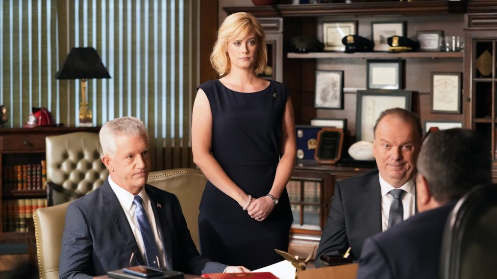 Gregory Jbara as Garrett Moore, Abigail Hawk as Abigail Baker, Robert Clohessy as Lt. Gormley in Blue Bloods - 'The Real Deal'