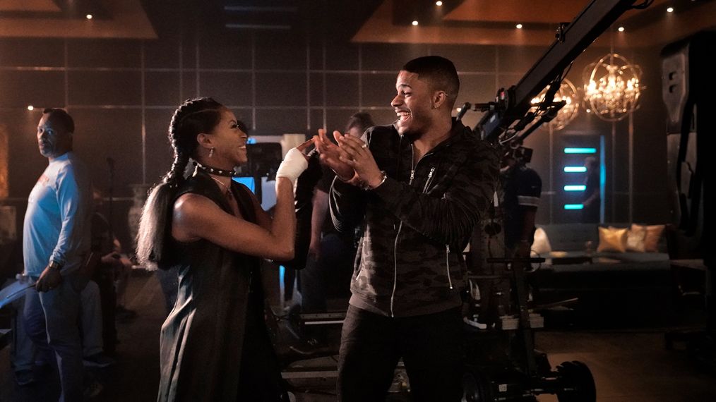 Kearran Giovanni and Jordan Calloway behind the scenes of Black Lightning -- 