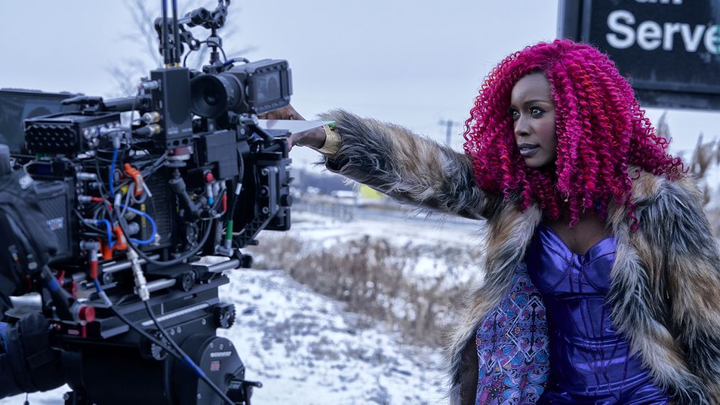 Anna Diop as Kory Anders behind the scenes of Titans