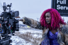 Anna Diop as Kory Anders behind the scenes of Titans