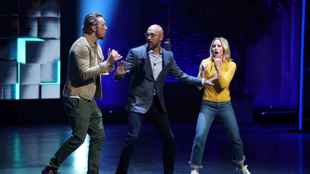 Dax Shepard and Kristen Bell on the set of Brain Games with host Keegan-Michael Key