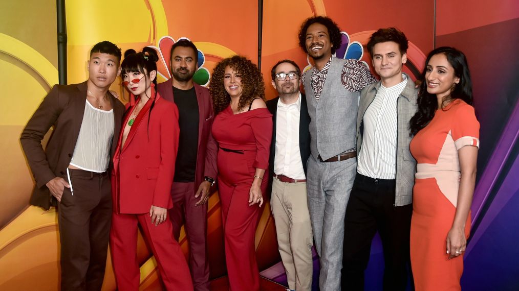 Joel Kim Booster, Poppy Liu, Kal Penn, Diana-Maria Riva, Matt Murray, Samba Schutte, Moses Storm, and Kiran Deol of Sunnyside attend the 2019 TCA NBC Press Tour Carpet