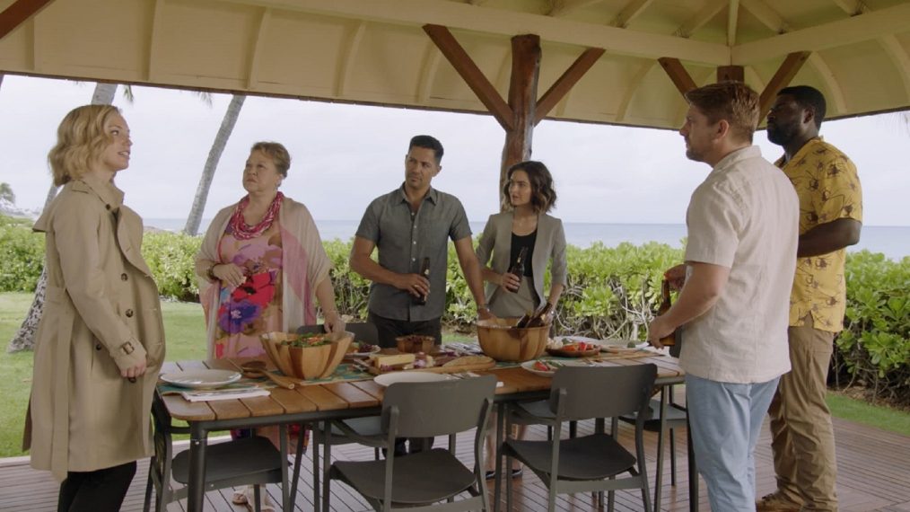 Perdita Weeks as Juliet Higgins, Amy Hill as Teuila 'Kumu' Tuileta, Jay Hernandez as Thomas Magnum, Brooke Lyons as Abby Miller, Zachary Knighton as Orville 'Rick' Wright, and Stephen Hill as Theodore 'TC' Calvin in Magnum P.I. - 'Payback is for Beginners'