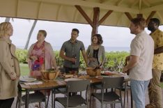 Perdita Weeks as Juliet Higgins, Amy Hill as Teuila 'Kumu' Tuileta, Jay Hernandez as Thomas Magnum, Brooke Lyons as Abby Miller, Zachary Knighton as Orville 'Rick' Wright, and Stephen Hill as Theodore 'TC' Calvin in Magnum P.I. - 'Payback is for Beginners'