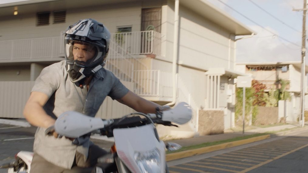 Jay Hernandez as Thomas Magnum on a motrocycle