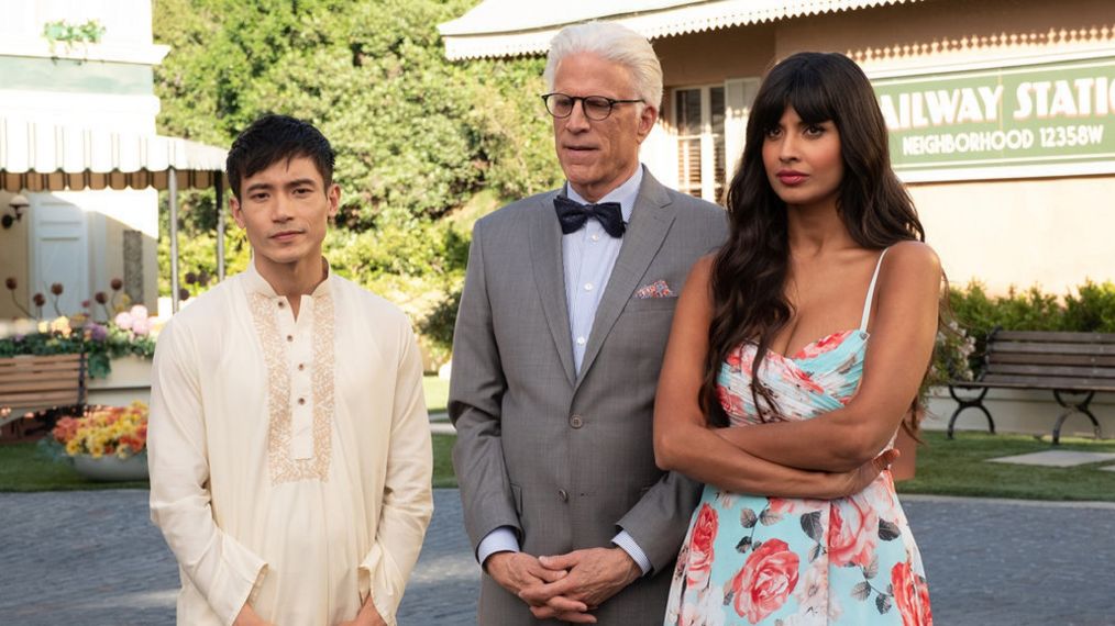 Manny Jacinto as Jason, Ted Danson as Michael, Jameela Jamil as Tahani in The Good Place - Season 4