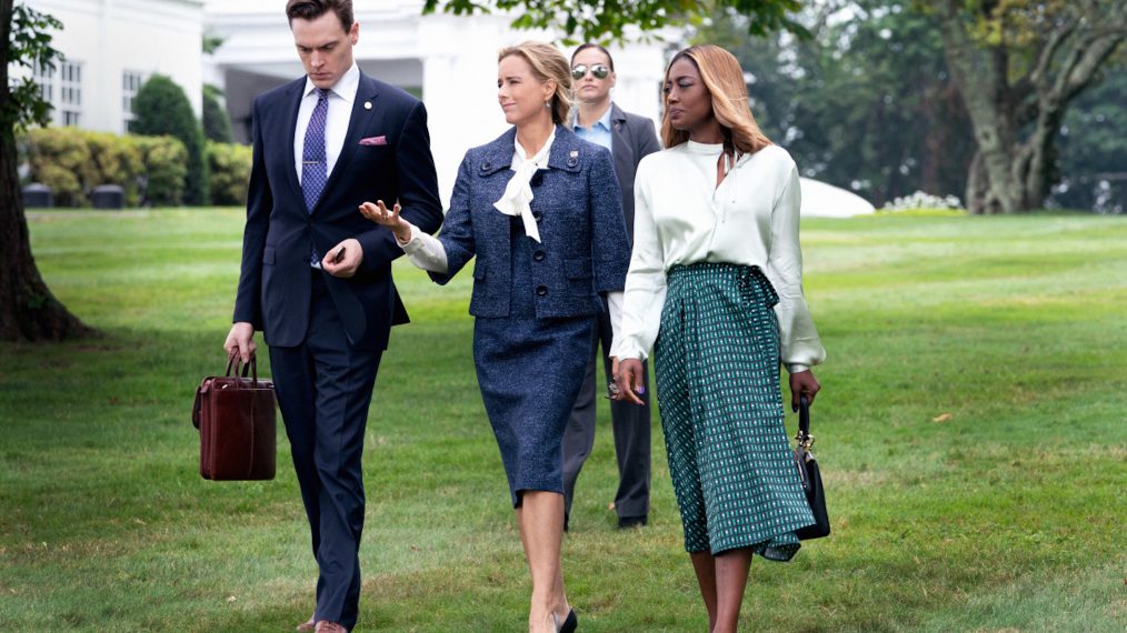 Erich Bergen as Blake Moran, Téa Leoni as Elizabeth McCord, and Patina Miller as Daisy Grant in Madam Secretary - 'Hail to the Chief'