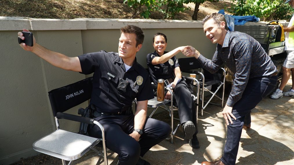 Nathan Fillion, Alyssa Diaz, Seamus Dever behind the scenes of The Rookie