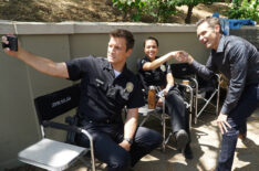 Nathan Fillion, Alyssa Diaz, Seamus Dever behind the scenes of The Rookie