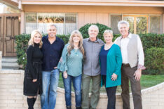 Brady Bunch cast: Maureen McCormick / Marsha Brady, Christopher Knight / Peter Brady, Susan Olsen / Cindy Brady, Mike Lookinland / Bobby Brady, Eve Plumb / Jan Brady & Barry Williams / Greg Brady in front of the original Brady home in Studio City, CA, as seen on A Very Brady Renovation.