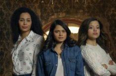 Madeleine Mantock as Macy Vaughn, Melonie Diaz as Mel Vera, and Sarah Jeffery as Maggie Vera in Charmed