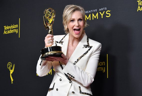 Jane Lynch poses with the Outstanding Guest Actress In A Comedy Series Award for 'The Marvelous Mrs. Maisel' in the press room during the 2019 Creative Arts Emmy Awards