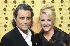 Ian McShane and Gwen Humble attend the 71st Emmy Awards