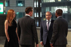 Suits - Season 9 - Sarah Rafferty as Donna Paulsen, Gabriel Macht as Harvey Specter, Rick Hoffman as Louis Litt, Dule Hill as Alex
