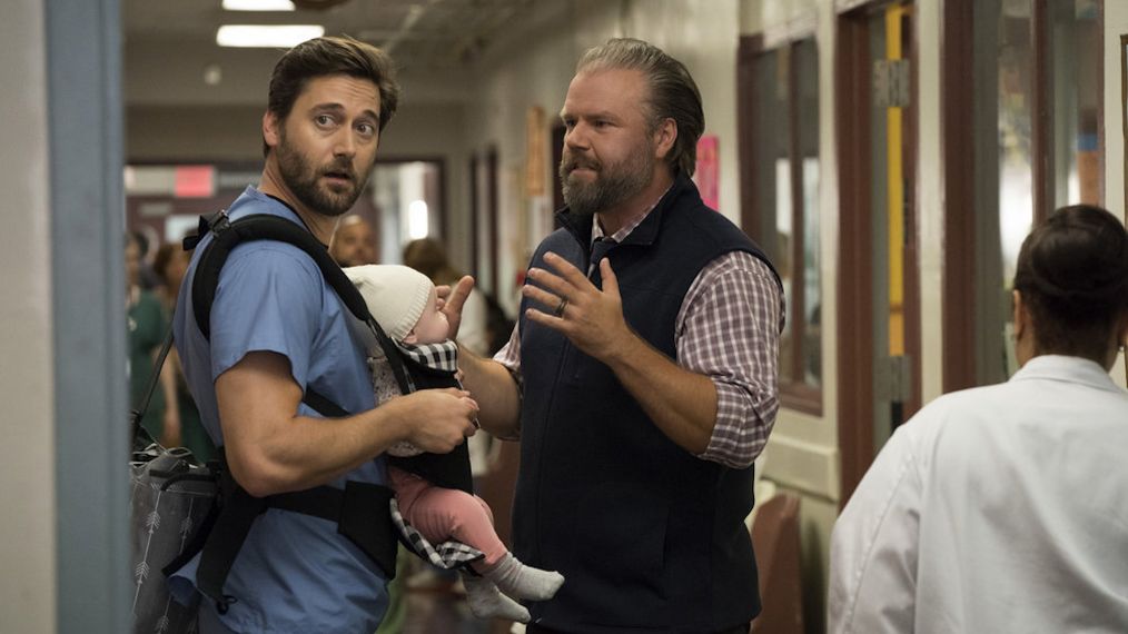 Ryan Eggold as Dr. Max Goodwin and Tyler Labine as Dr. Iggy Frome in New Amsterdam - Season 2
