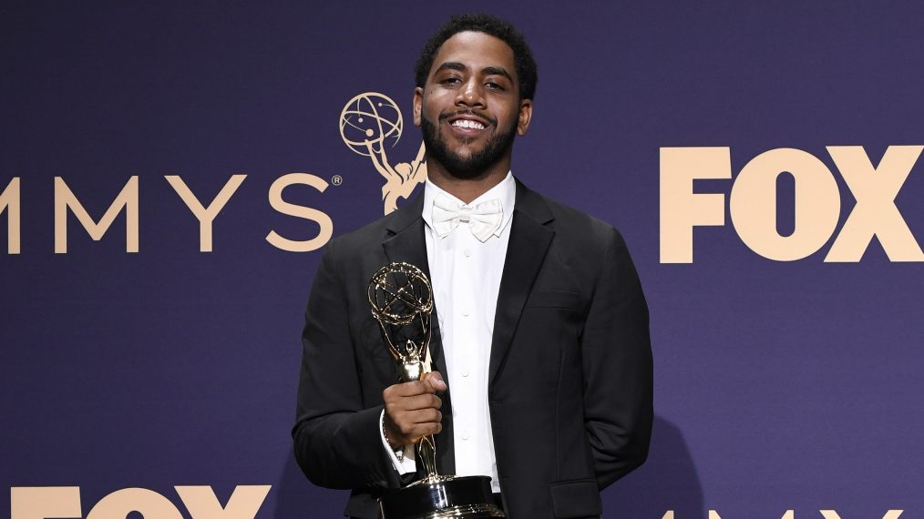 Jharrel Jerome poses with award for Outstanding Lead Actor in a Limited Series or Movie in the press room during the 71st Emmy Awards in 2019