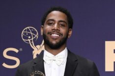 Jharrel Jerome poses with award for Outstanding Lead Actor in a Limited Series or Movie in the press room during the 71st Emmy Awards in 2019