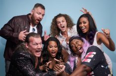 Chris Jericho, Jon Moxley, Nyla Rose, Jack Perry, Kia Stevens, and Brandi Rhodes of 'All Elite Wrestling' pose for a portrait during 2019 New York Comic Con