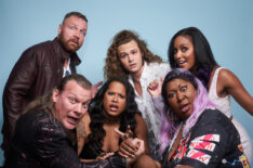 Chris Jericho, Jon Moxley, Nyla Rose, Jack Perry, Kia Stevens, and Brandi Rhodes of 'All Elite Wrestling' pose for a portrait during 2019 New York Comic Con