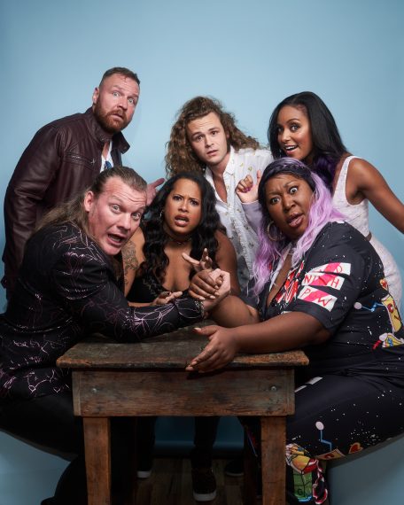 Chris Jericho, Jon Moxley, Nyla Rose, Jack Perry, Kia Stevens, and Brandi Rhodes of 'All Elite Wrestling' pose for a portrait during 2019 New York Comic Con