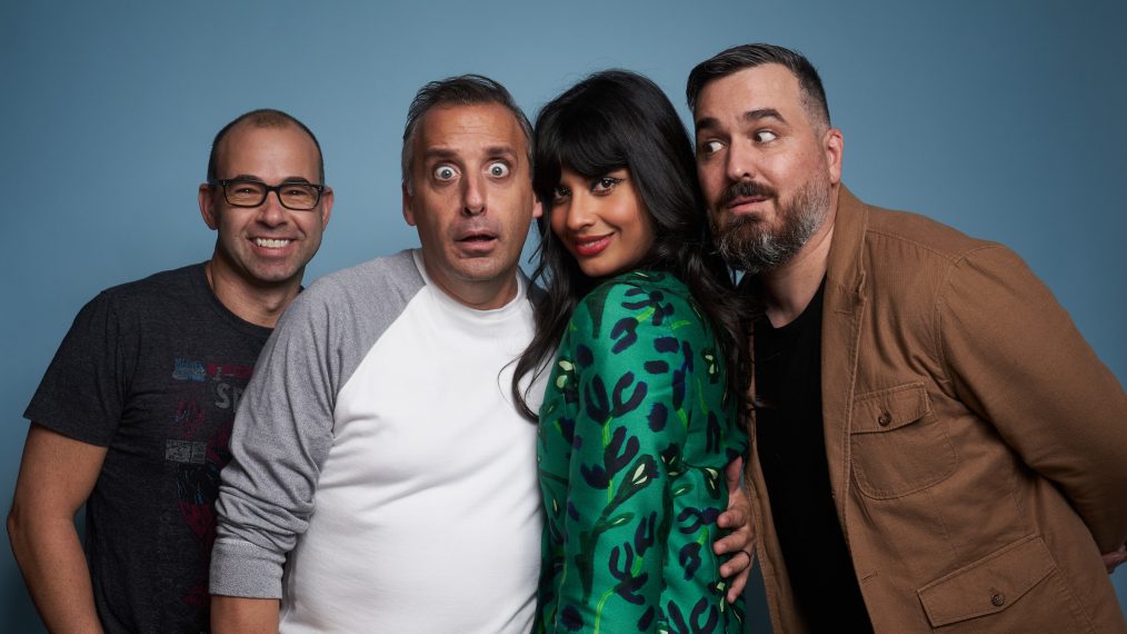 James Murray, Joe Gatto, Jameela Jamil, and Brian Q Quinn of 'Misery Index' pose for a portrait during 2019 New York Comic Con