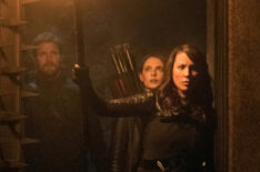 Stephen Amell as Oliver Queen/Green Arrow, Willa Holland as Thea Queen and Lexa Doig as Talia Al Ghul in Arrow - Leap of Faith