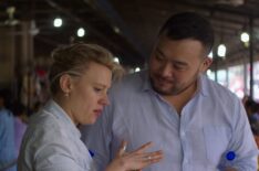 David Chang and Kate McKinnon browse edible insects at a street vendor in Phnom Penh in Breakfast, Lunch, & Dinner - Season 1