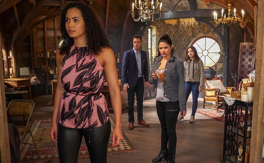 Madeleine Mantock as Macy, Rupert Evans as Harry, Melonie Diaz as Mel, and Sarah Jeffery as Maggie in Charmed - 'Safe Space'