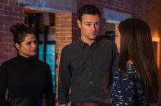 Melonie Diaz as Melanie, Rupert Evans as Harry, and Sarah Jeffery as Maggie in Charmed - 'Careful What You Witch For'