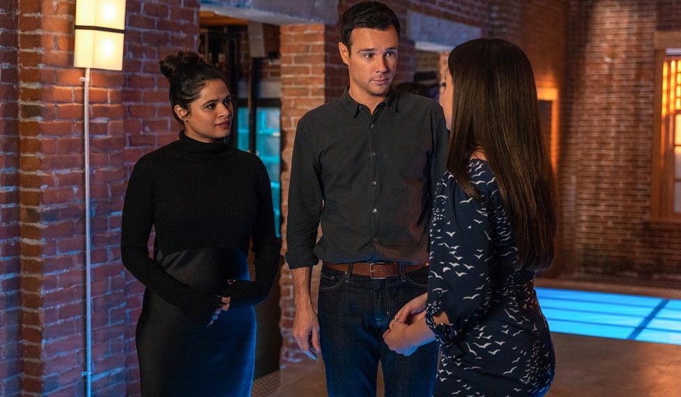 Melonie Diaz as Melanie, Rupert Evans as Harry, and Sarah Jeffery as Maggie in Charmed - 'Careful What You Witch For'