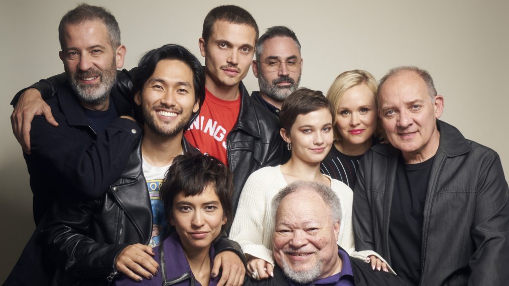 The cast of Devs at 2019 New York Comic Con Portraits - Allon Reich, Jin Ha, Sonoya Mizuno, Karl Glusman, Alex Garland, Cailee Spaeny, Stephen McKinley Henderson, Alison Pill, and Zach Grenier