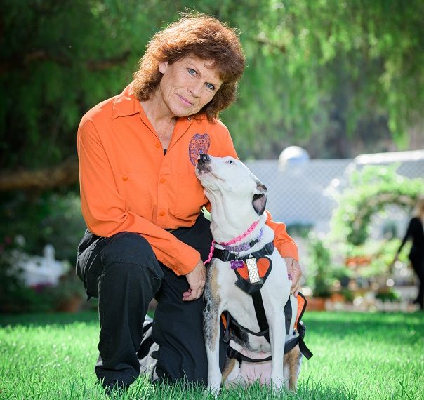 Lori Wells with Piglet at the 2019 American Humane Hero Dog Awards