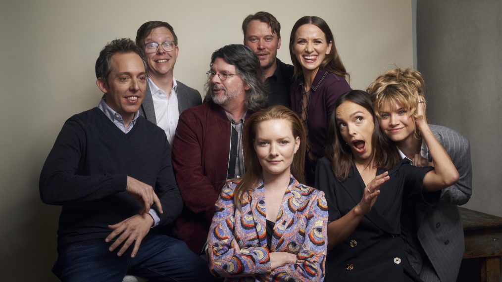 Ben Nedivi, Matt Wolpert, Ronald D. Moore, Michael Dorman, Wrenn Schmidt, Shantel VanSanten, Jodi Balfour, and Sarah Jones of 'For All Mankind' pose for a portrait during 2019 New York Comic Con