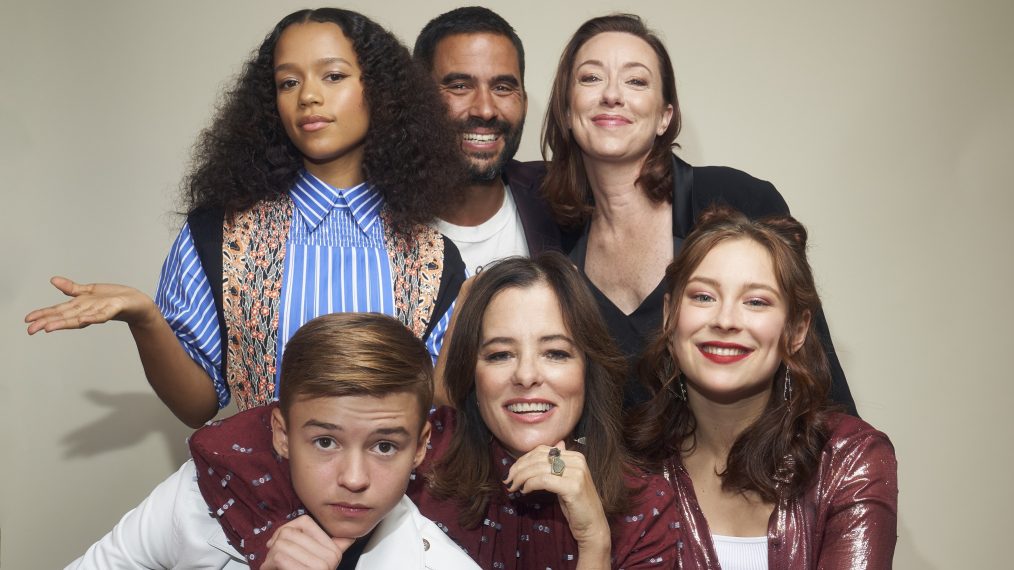 Maxwell Jenkins, Taylor Russell, Ignacio Serricchio, Parker Posey, Molly Parker and Mina Sundwall of Lost In Space poses for a portrait during 2019 New York Comic Con