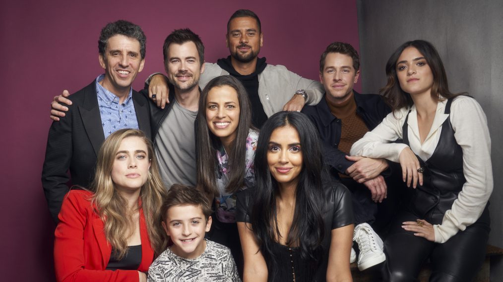 Jeff Rake, Melissa Roxburgh, Matt Long, Jack Messina, Athena Karkanis, J.R. Ramirez, Parveen Kaur, Josh Dallas, and Luna Blaise of 'Manifest' pose for a portrait during 2019 New York Comic Con