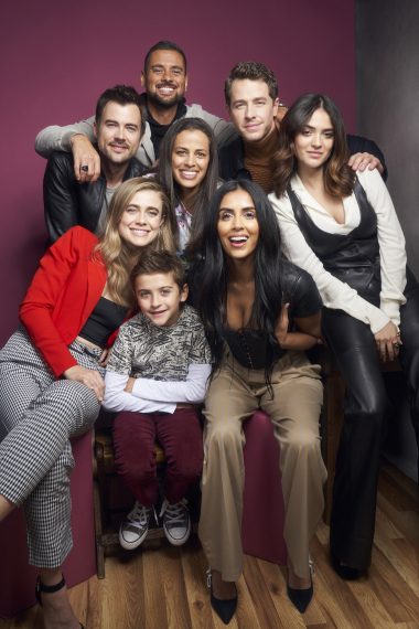 Jeff Rake, Melissa Roxburgh, Matt Long, Jack Messina, Athena Karkanis, J.R. Ramirez, Parveen Kaur, Josh Dallas, and Luna Blaise of 'Manifest' pose for a portrait during 2019 New York Comic Con