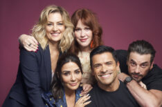 Madchen Amick, Marisol Nichols, Molly Ringwald, Mark Consuelos, and Skeet Ulrich of Riverdale pose for a portrait during 2019 New York Comic Con