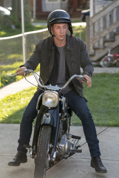 Jeremy Allen White as Lip Gallagher on a motorcycle in Shameless