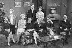 As The World Turns - Patricia Bruder (as Ellen Lowell); Rosemary Prinz (as Penny Hughes); Joan Anderson (as Mary Mitchell); Millette Alexander (as Sylvia Hall); Don Hastings (standing behind couch, as Bob Hughes); Don MacLaughlin (seated on couch, as Chris Hughes); Eileen Fulton (standing behind couch, as Lisa Hughes); Helen Wagner (as Nancy Hughes) and Santos Ortega (as Grandpa Will Hughes). Image dated February 21, 1962