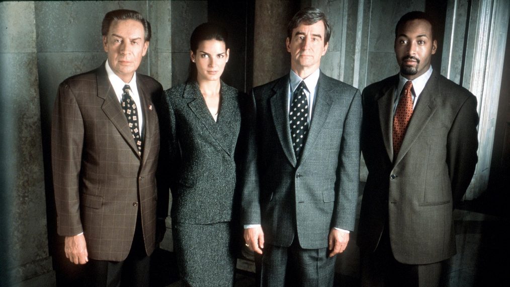 The cast of Law & Order: Jerry Orbach (Det. Lennie Briscoe), Angie Harmon (Asst. D.A. Abbie Carmichael), Sam Waterston (Exec. Asst. D.A. Jack Mccoy) and Jesse L. Martin (Det. Edward Green)